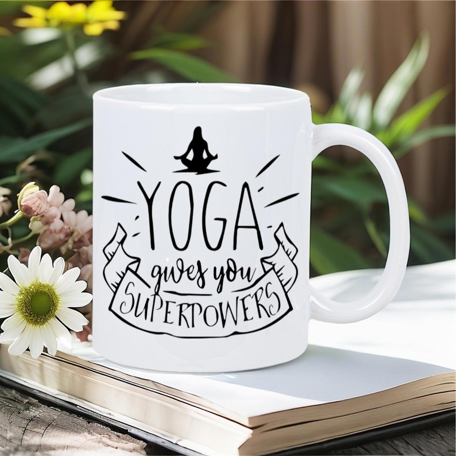 Tailorly White Ceramic 11 oz Mug - Yoga Gives You Superpowers Minimalist Black Silhouette Sitting In Peaceful Meditation Upon Decorative Ribbon Figure