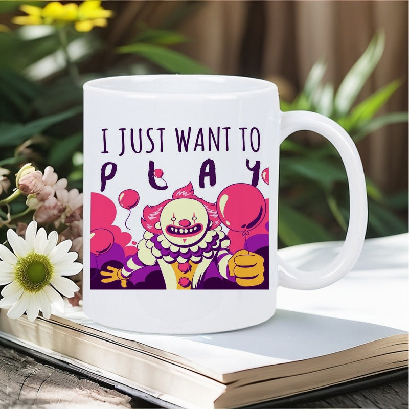 Tailorly White Ceramic 11 oz Mug - I Just Want To Play Creepy Smiling Horror Character Holding Pink Balloons Amidst Purple Smoke Clown