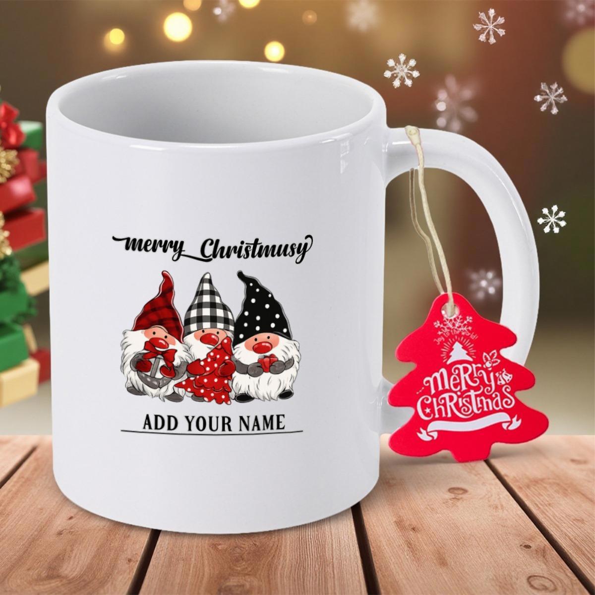 Tailorly White Ceramic 11 oz Mug - Merry Christmas Adorable Festive Holiday Figures In Buffalo Plaid Hats Bringing Seasonal Joy Gnome