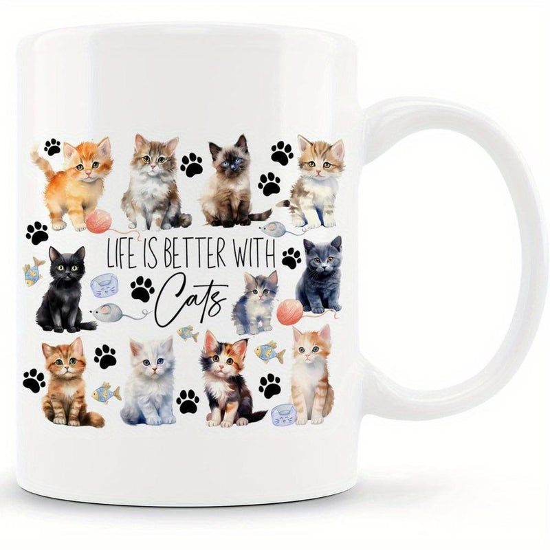 Tailorly White Ceramic 11 oz Mug - Life Is Better With Cats Multiple Adorable Small Kittens Playing With Paw Prints And Soft Yarn Cats