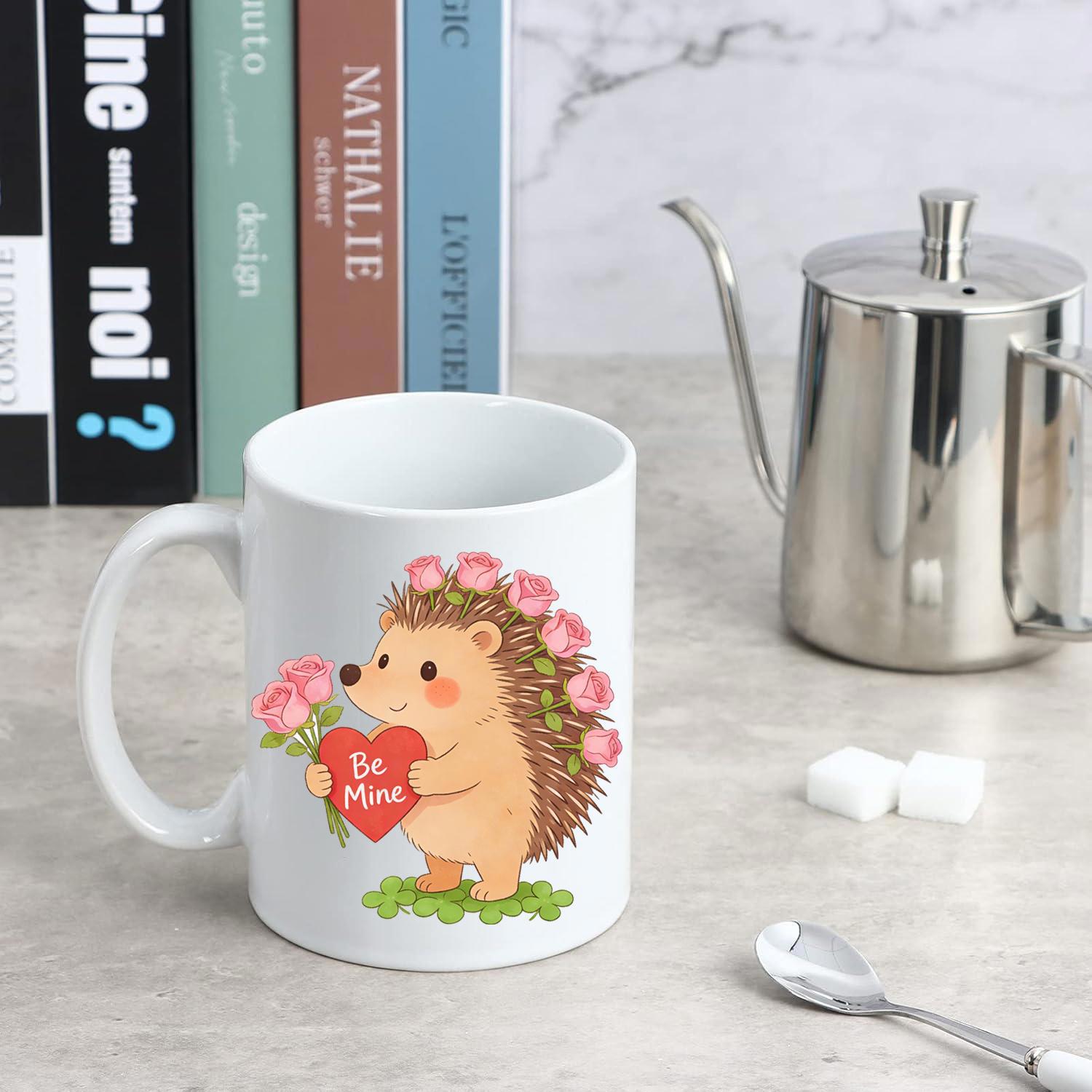 Tailorly White Ceramic 11 oz Mug - Be Mine Adorable Small Creature Carrying Pink Roses And Holding Red Heart Hedgehog