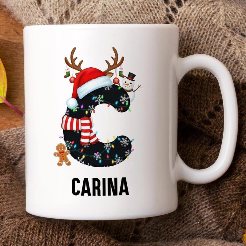 Tailorly White Ceramic 11 oz Mug - Carina Festive Christmas Letter Decorated With Reindeer Antlers And Winter Scarf Mug