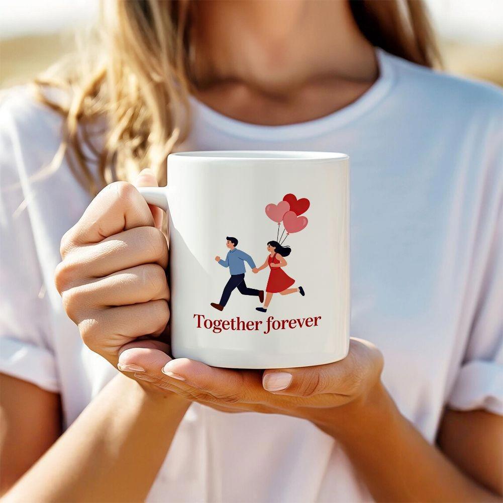 Tailorly White Ceramic 11 oz Mug - Together Forever Happy Romantic Couple Running Together Holding Red Heart Shaped Balloons Couple