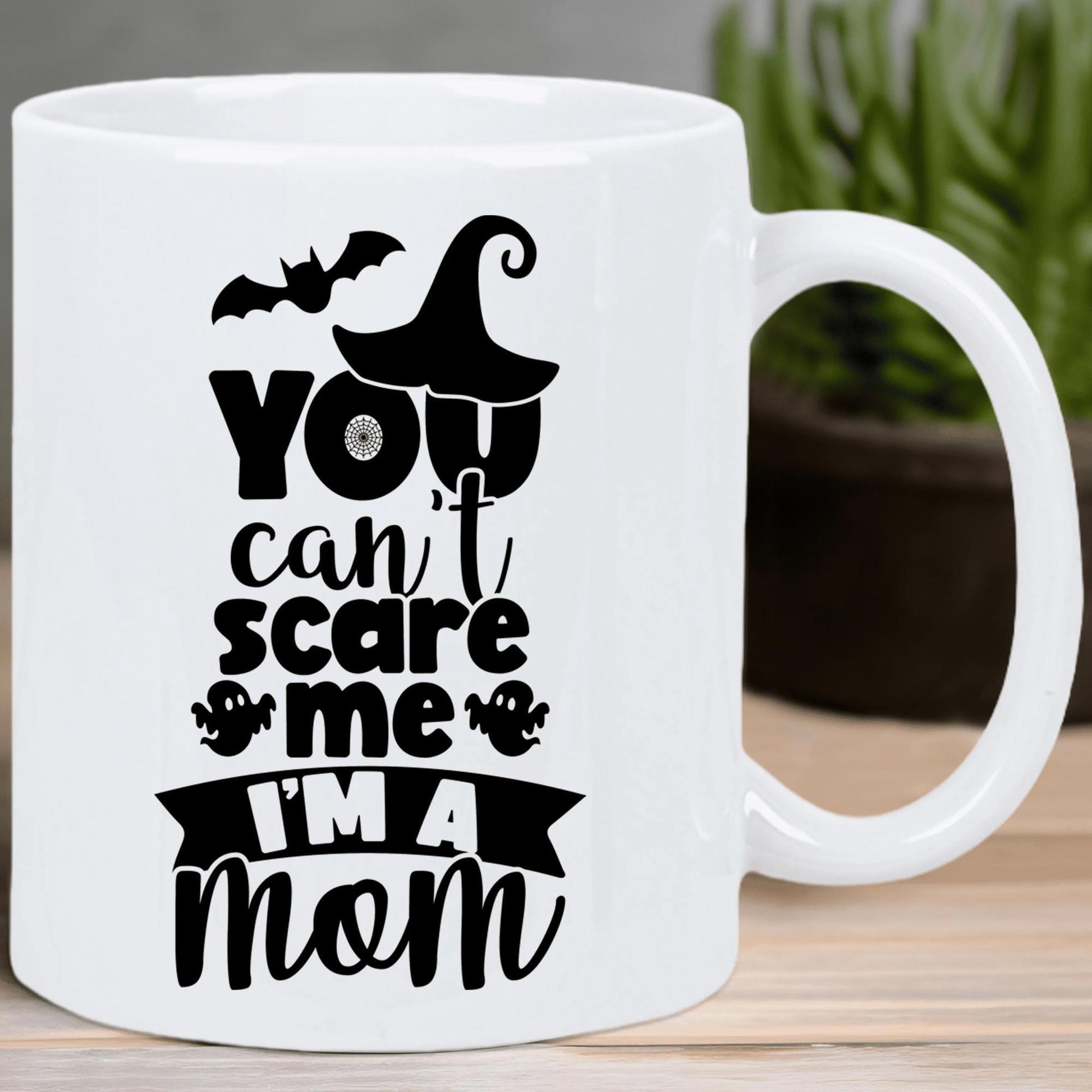 Tailorly White Ceramic 11 oz Mug - You Cant Scare Me Im A Mom Whimsical Halloween Design Featuring Spooky Bat And Pointy Witch Hat Mug
