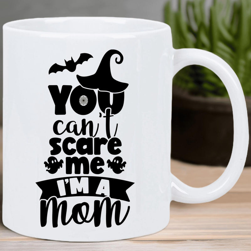 Tailorly White Ceramic 11 oz Mug - You Cant Scare Me Im A Mom Whimsical Halloween Design Featuring Spooky Bat And Pointy Witch Hat Mug