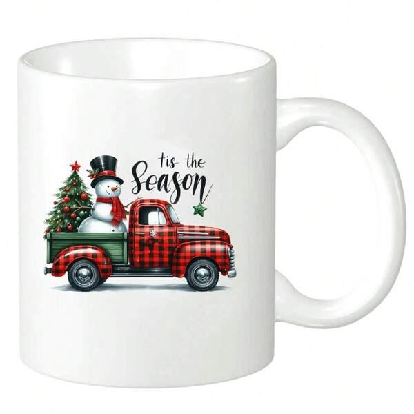 Tailorly White Ceramic 11 oz Mug - Tis The Season Vintage Red Plaid Pickup Carrying Christmas Tree And Festive Snowman Truck