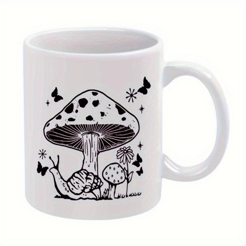 Tailorly White Ceramic 11 oz Mug - Black Ink Style With Snail And Fluttering Butterflies Among Stars Mushroom