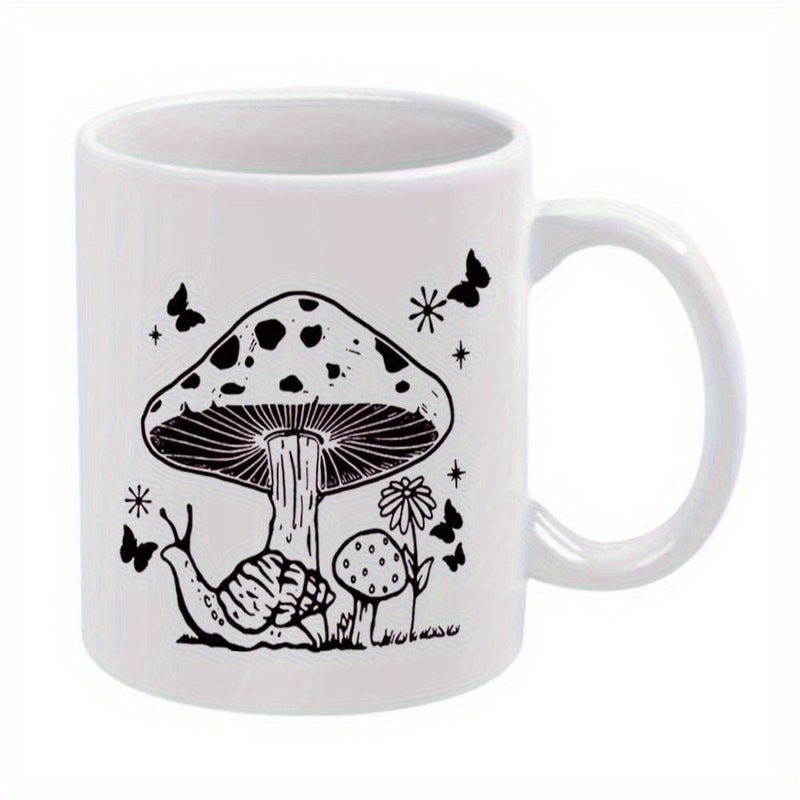 Tailorly White Ceramic 11 oz Mug - Black Ink Style With Snail And Fluttering Butterflies Among Stars Mushroom