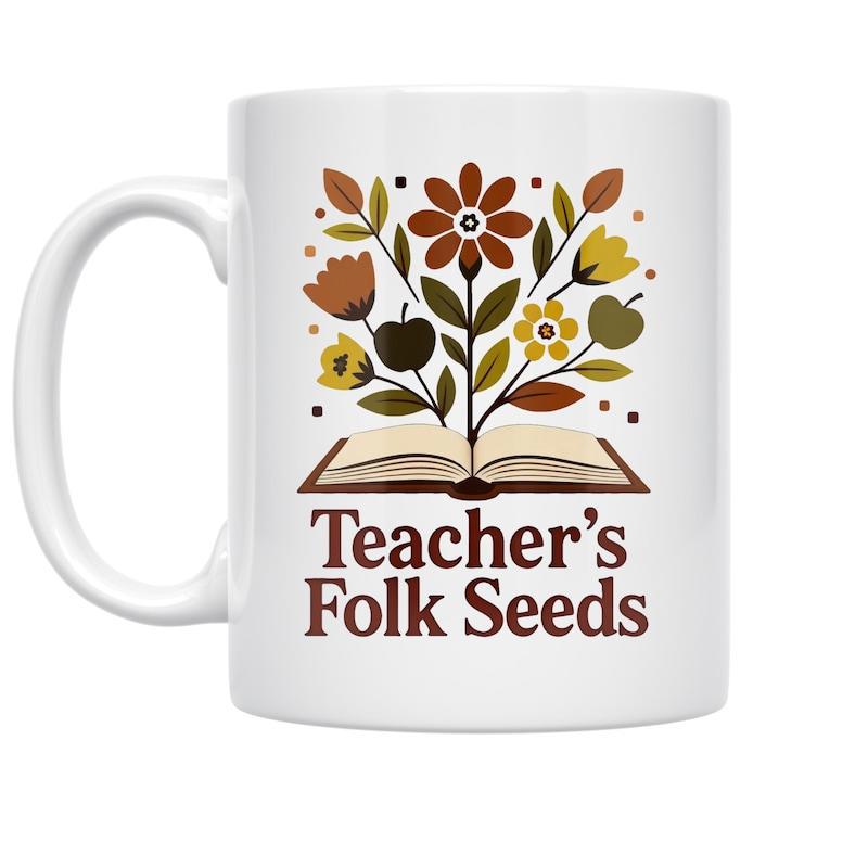 Tailorly White Ceramic 11 oz Mug - Teacher's Folk Seeds Artistic Vintage Flowers Blooming From An Open Antique Aesthetic Education Flower