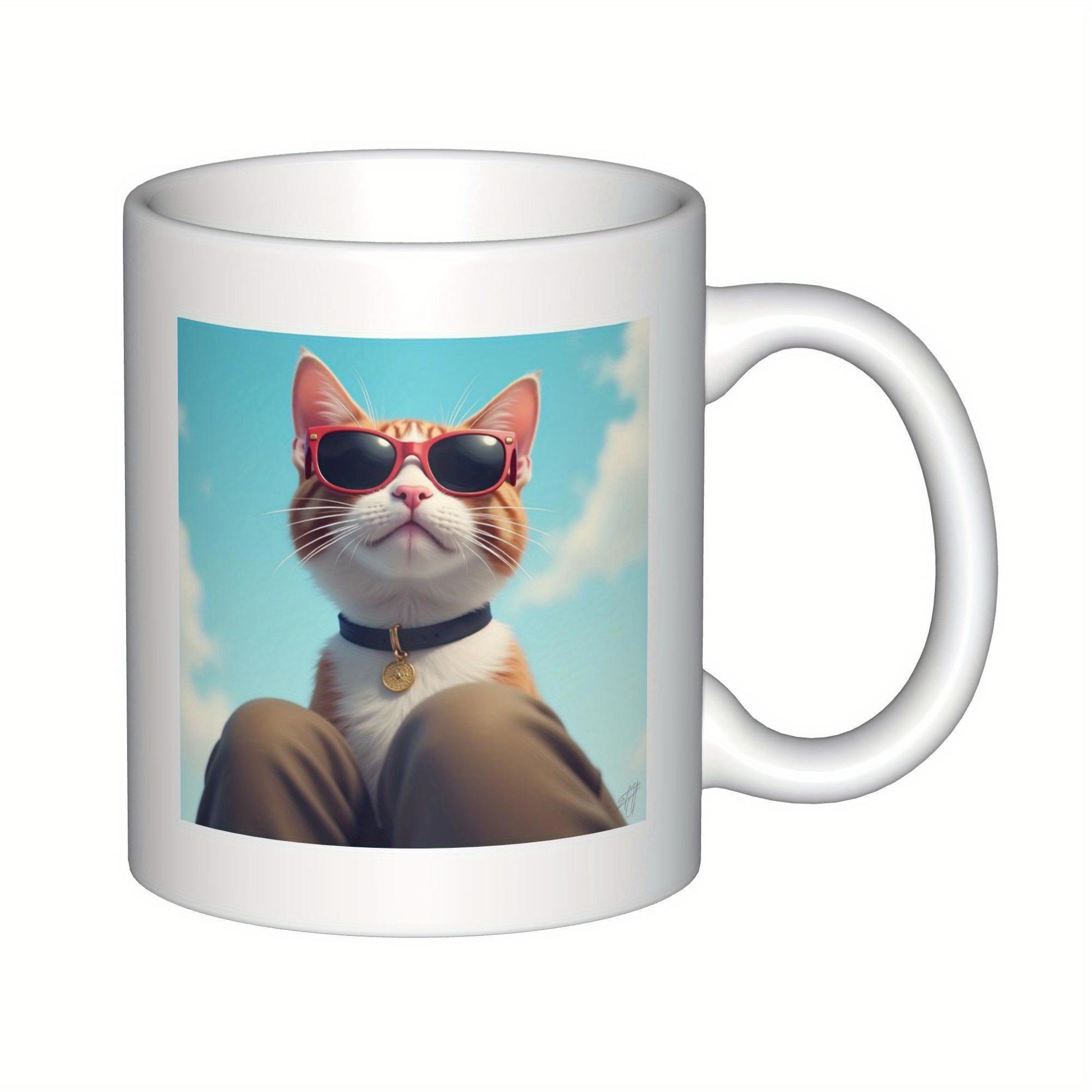 Tailorly White Ceramic 11 oz Mug - Cool Ginger Cat Wearing Red Sunglasses Relaxing Under Clear Blue Sky Cat