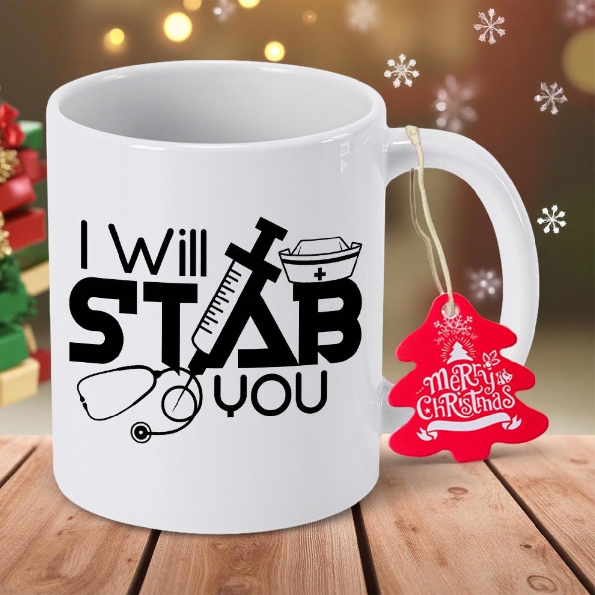 Tailorly White Ceramic 11 oz Mug - I Will Stab You Bold Minimalist Medical Icons Featuring Stethoscope And Syringe Graphic