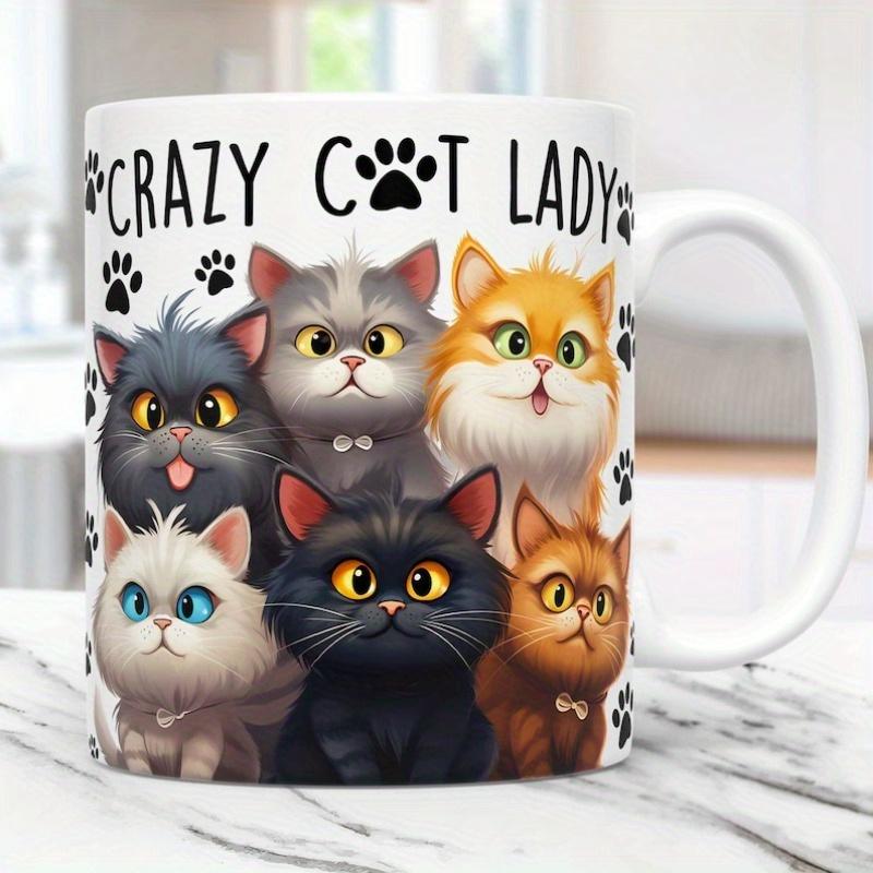 Tailorly White Ceramic 11 oz Mug - Crazy Cat Lady Adorable Colorful Cartoon Kittens Grouped Together With Large Expressive Eyes Cat