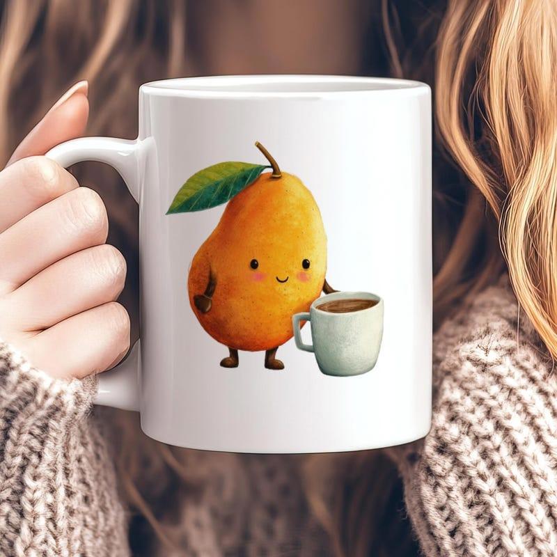 Tailorly White Ceramic 11 oz Mug - Anthropomorphic Smiling Yellow Mango With Green Leaf Holding A Small Coffee Cup Mango