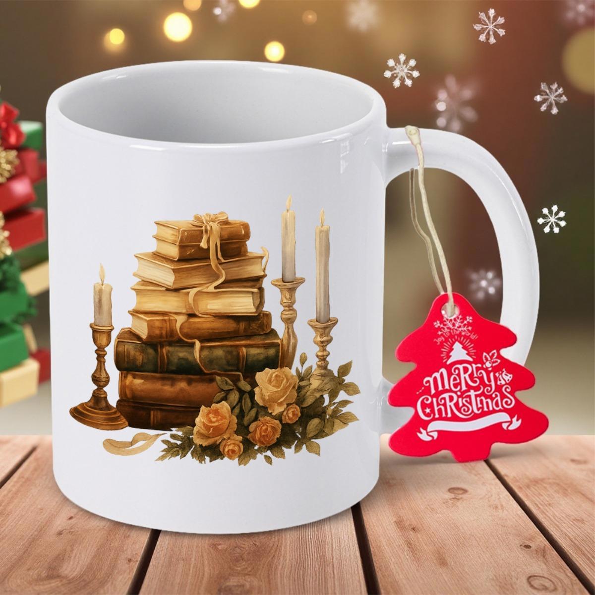 Tailorly White Ceramic 11 oz Mug - Merry Christmas Vintage Antique Hardcover Volumes Among Glowing Candles And Golden Roses Books