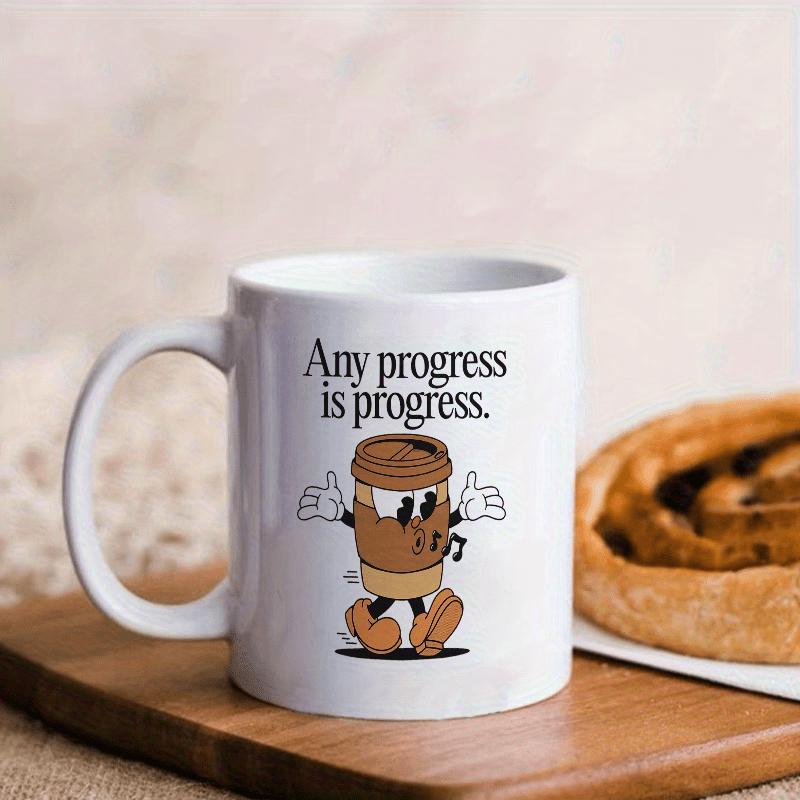 Tailorly White Ceramic 11 oz Mug - Any Progress Is Progress Animated Vintage Style Takeout Coffee Character Dancing With Music Notes Cup