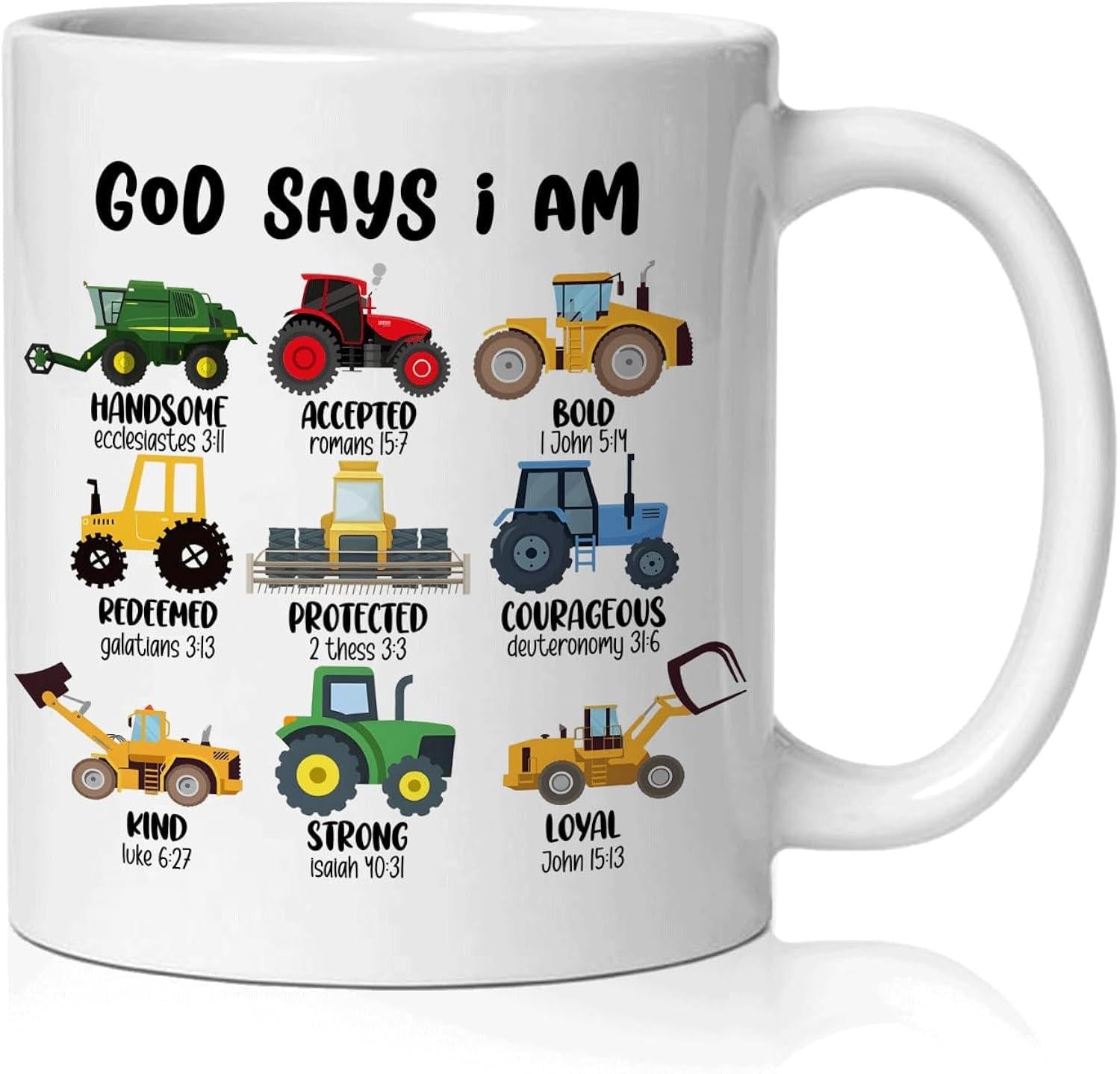 Tailorly White Ceramic 11 oz Mug - God Says I Am Multi Colored Farming Machines Arranged In A Systematic Grid Pattern Over White Tractor