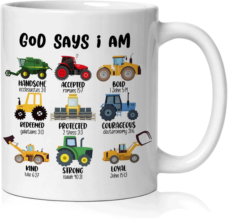 Tailorly White Ceramic 11 oz Mug - God Says I Am Multi Colored Farming Machines Arranged In A Systematic Grid Pattern Over White Tractor