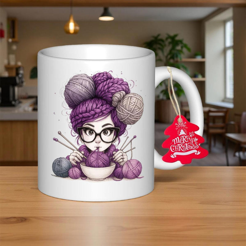 Tailorly White Ceramic 11 oz Mug - Merry Christmas A Girl With Purple Yarn Hair Knitting Among Soft Woolen Balls Knitter