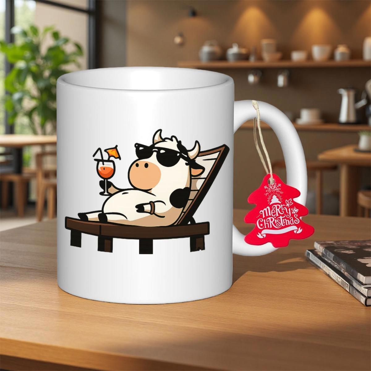 Tailorly White Ceramic 11 oz Mug - Merry Christmas Relaxing Cartoon Character Wearing Sunglasses Resting On A Wooden Lounge Chair Cow