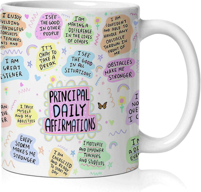 Tailorly White Ceramic 11 oz Mug - Principal Daily Affirmations Colorful Cloud Shapes With Small Hand Drawn Stars And Rainbows Mug