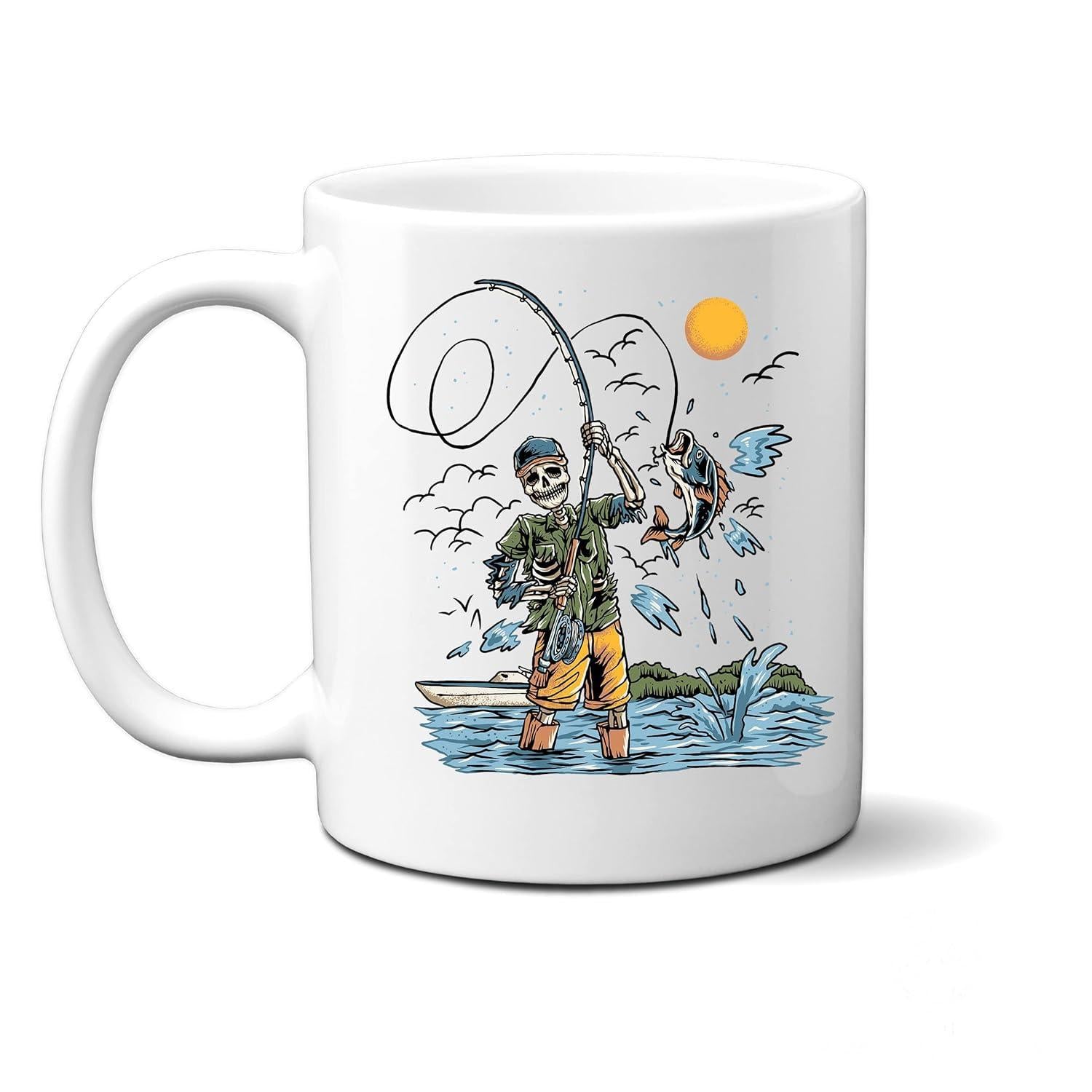 Tailorly White Ceramic 11 oz Mug - Dead Fisherman Catching Large Leaping Fish Standing Among Rippling Ocean Waves Skeleton