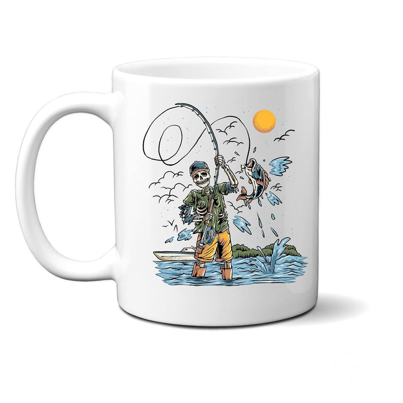 Tailorly White Ceramic 11 oz Mug - Dead Fisherman Catching Large Leaping Fish Standing Among Rippling Ocean Waves Skeleton
