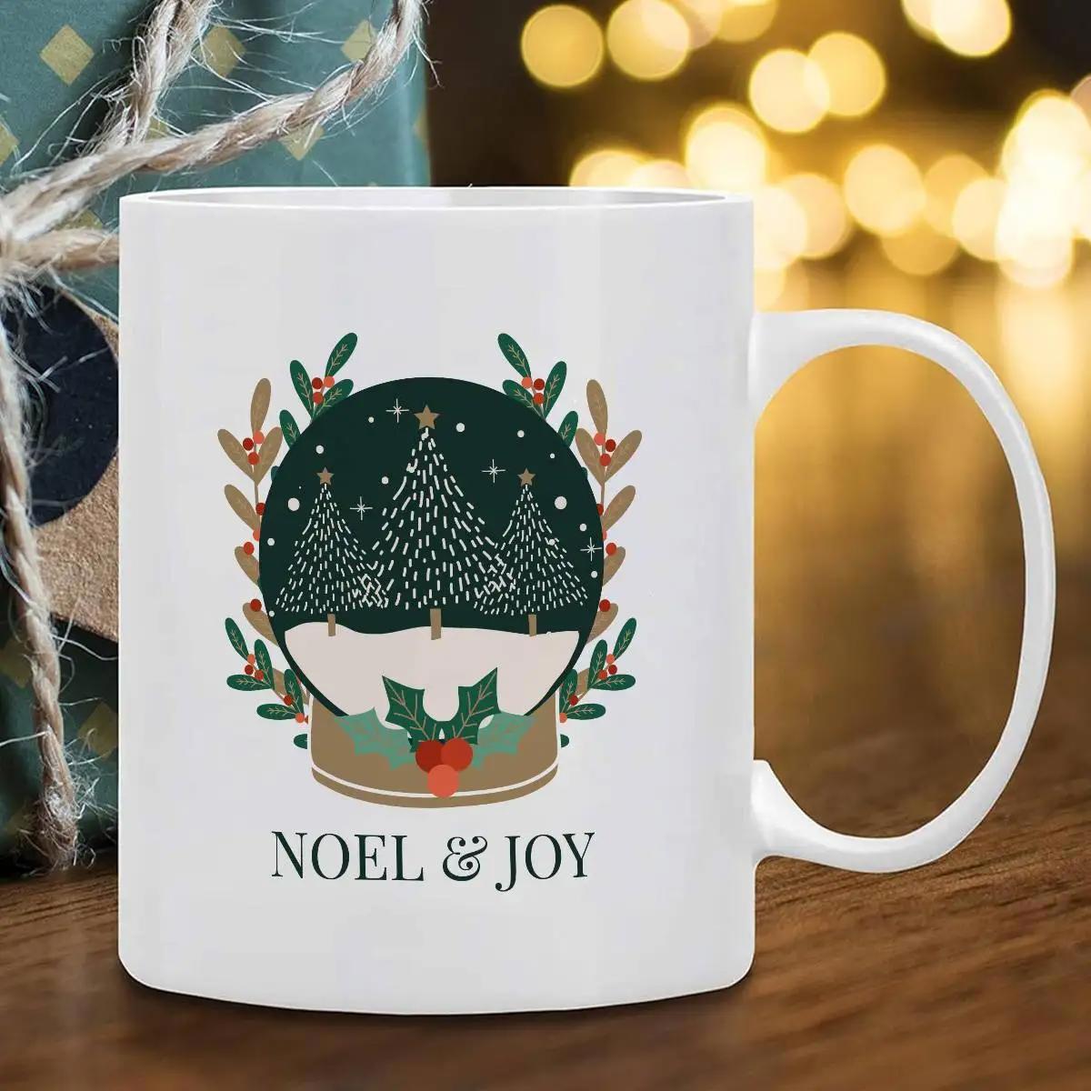Tailorly White Ceramic 11 oz Mug - Noel Joy Stylized Winter Pine Trees Inside Magical Snowy Glass Dome With Holly Branches Snow Globe