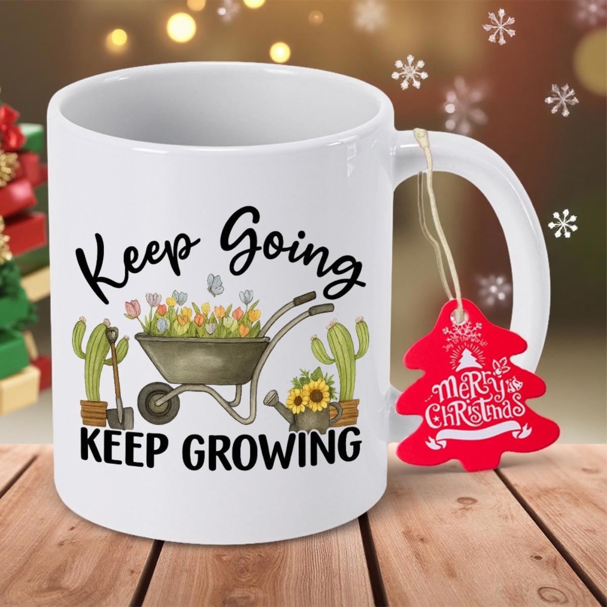 Tailorly White Ceramic 11 oz Mug - Keep Going Keep Growing Vintage Wheelbarrow Filled With Vibrant Flowers Among Potted Desert Cacti Garden