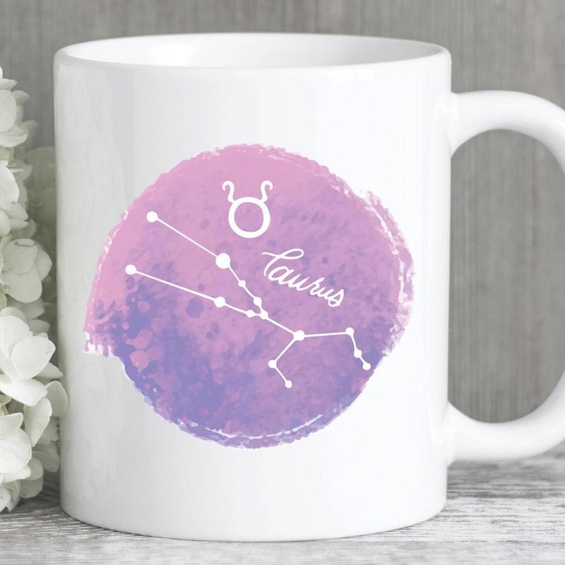 Tailorly White Ceramic 11 oz Mug - Taurus Purple Watercolor Circle Featuring Celestial Stars And Zodiac Constellation Taurus