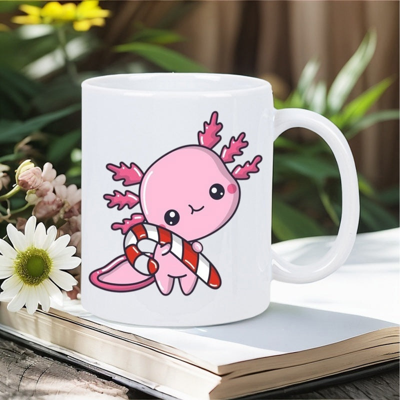 Tailorly White Ceramic 11 oz Mug - Cute Pink Cartoon Character Holding A Festive Red Striped Candy Cane Axolotl