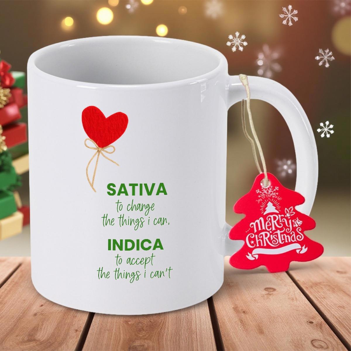 Tailorly White Ceramic 11 oz Mug - Sativa To Change The Things I Can Indica To Accept The Things I Can't Floating Red Heart Icon With Delicate Gold Strings Heart