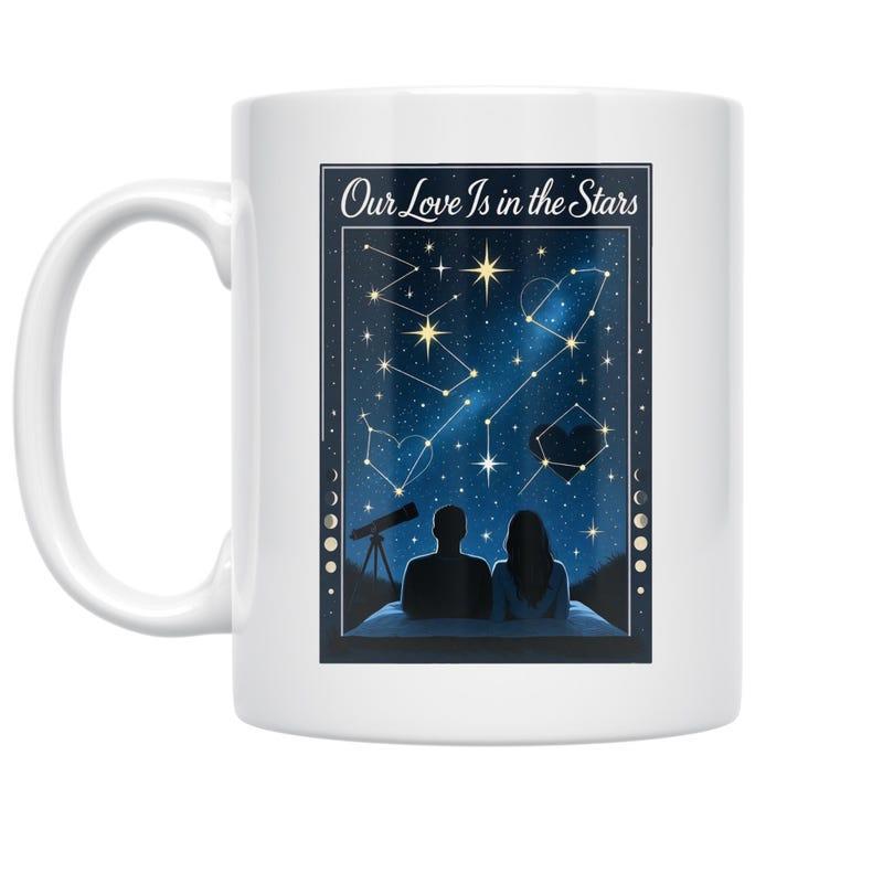Tailorly White Ceramic 11 oz Mug - Our Love Is In The Stars Romantic Silhouette Sitting Under Shimmering Night Sky With Glowing Constellations Couple
