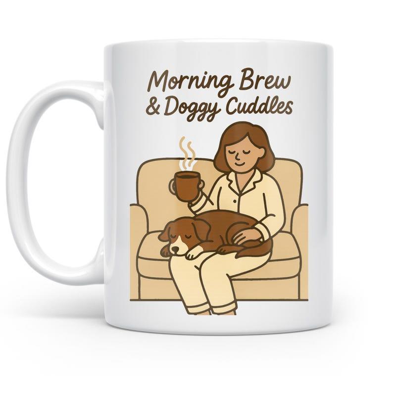 Tailorly White Ceramic 11 oz Mug - Morning Brew Doggy Cuddles Cozy Illustration Of Person Sitting On Sofa With Pet Sleeping Relaxed Woman