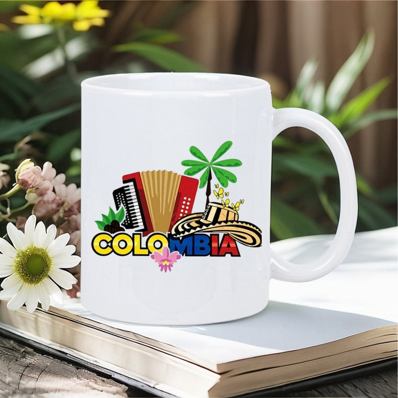 Tailorly White Ceramic 11 oz Mug - Colombia Traditional Musical Instruments Featuring Palm Tree And Striped Sombrero Vueltiao Accordion