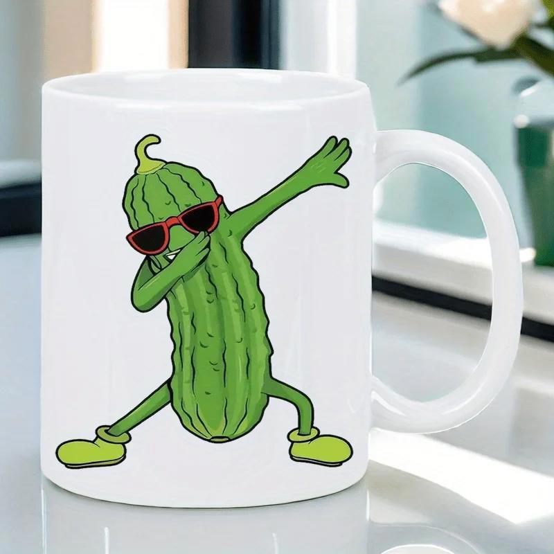 Tailorly White Ceramic 11 oz Mug - Funny Green Cartoon Wearing Sunglasses Doing A Cool Dab Dance Pickle