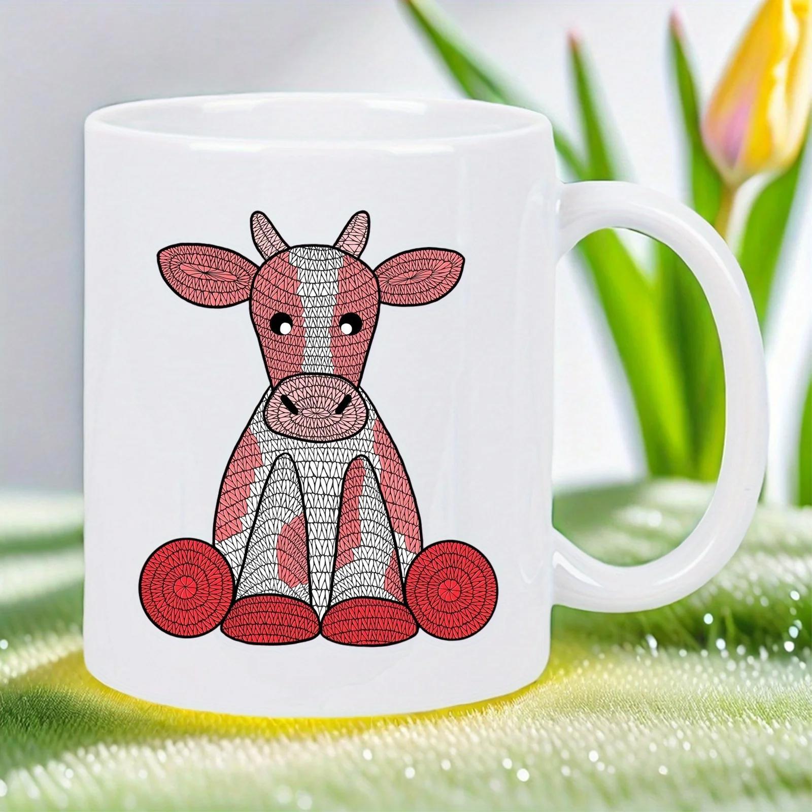 Tailorly White Ceramic 11 oz Mug - Stylized Cartoon Calf Featuring Red Swirl Patterns Sitting Peacefully Cow