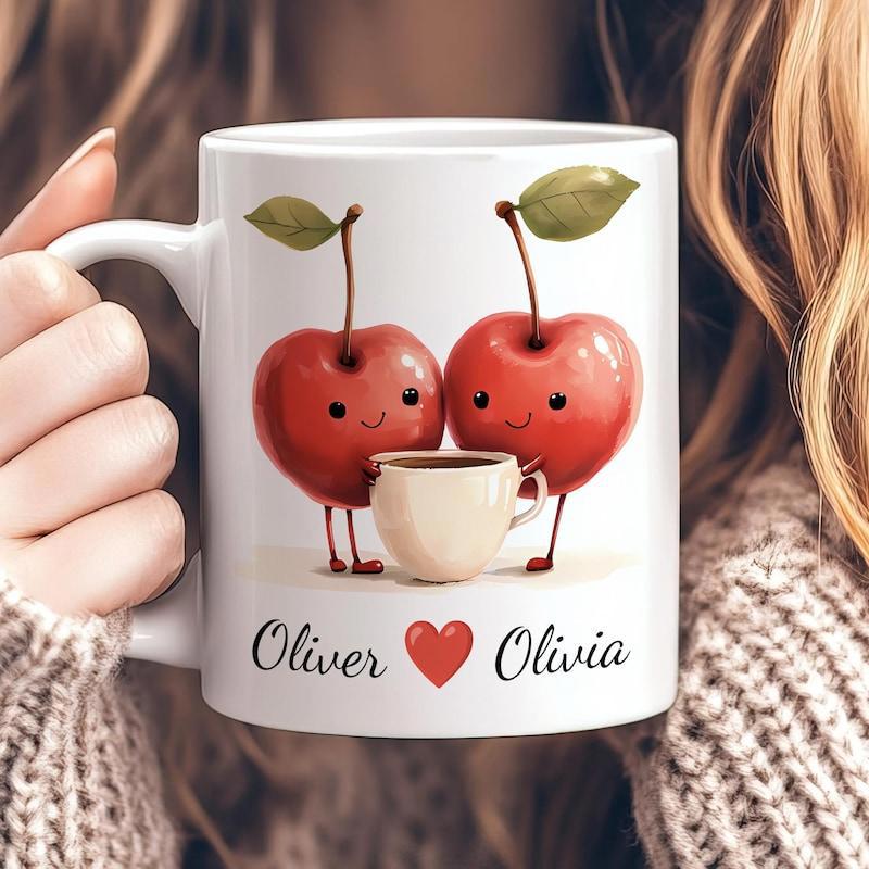 Tailorly White Ceramic 11 oz Mug - Oliver Olivia Two Adorable Cartoon Cherries Sharing A Warm Small Cup Of Coffee Cherry