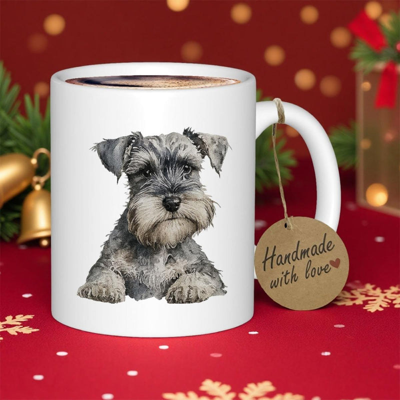 Tailorly White Ceramic 11 oz Mug - Handmade With Love Detailed Realistic Gray Schnauzer Dog Sitting Peacefully Against Clean White Background Schnauzer