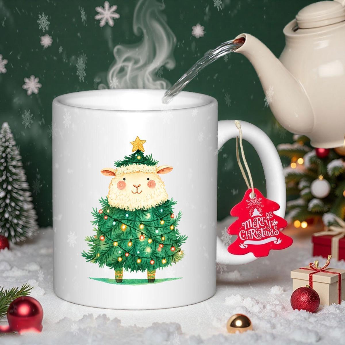 Tailorly White Ceramic 11 oz Mug - Adorable Fluffy Sheep Dressed As Glowing Pine Tree Decorated With Lights Sheep