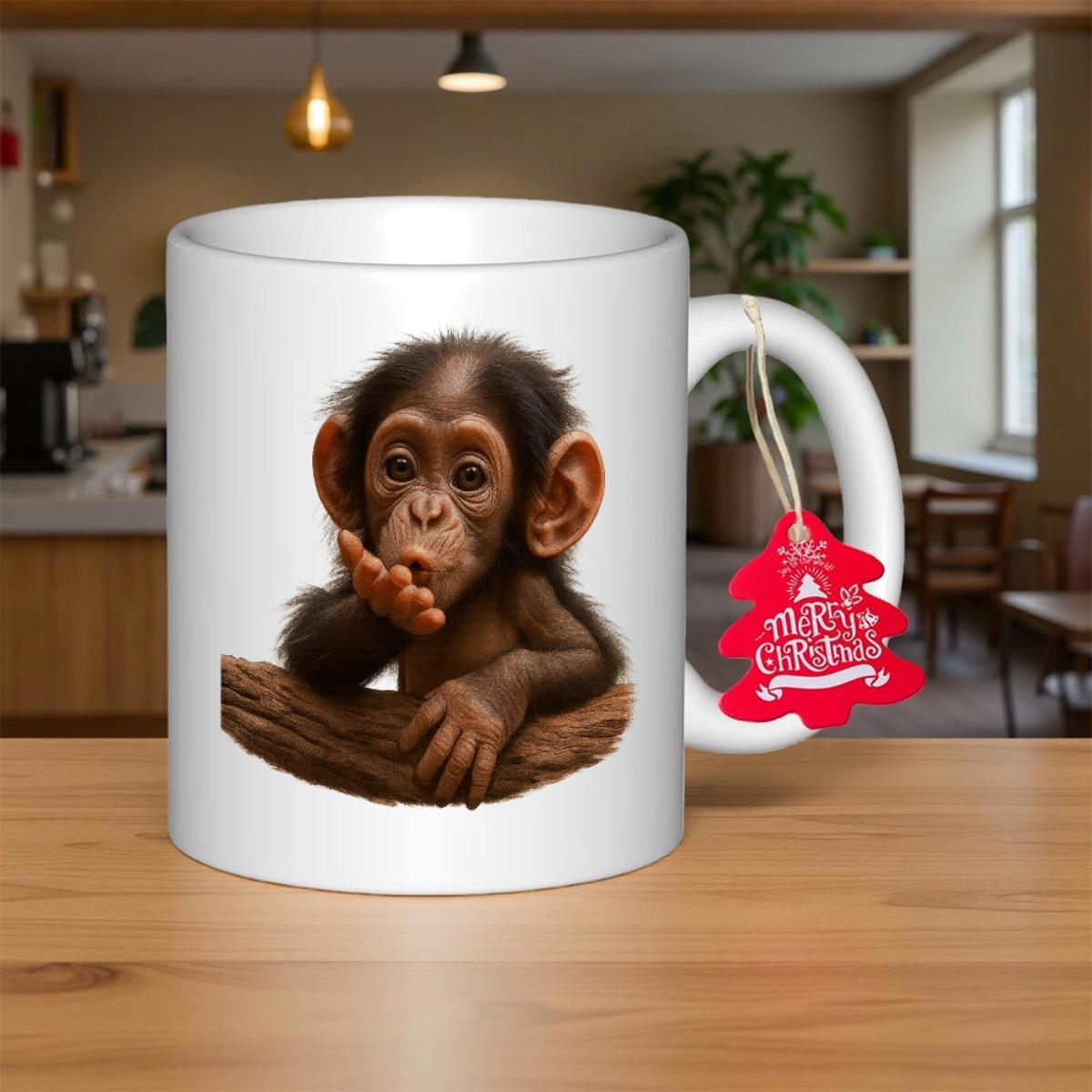 Tailorly White Ceramic 11 oz Mug - Merry Christmas Playful Baby Chimpanzee Posing On A Brown Wooden Branch Chimpanzee