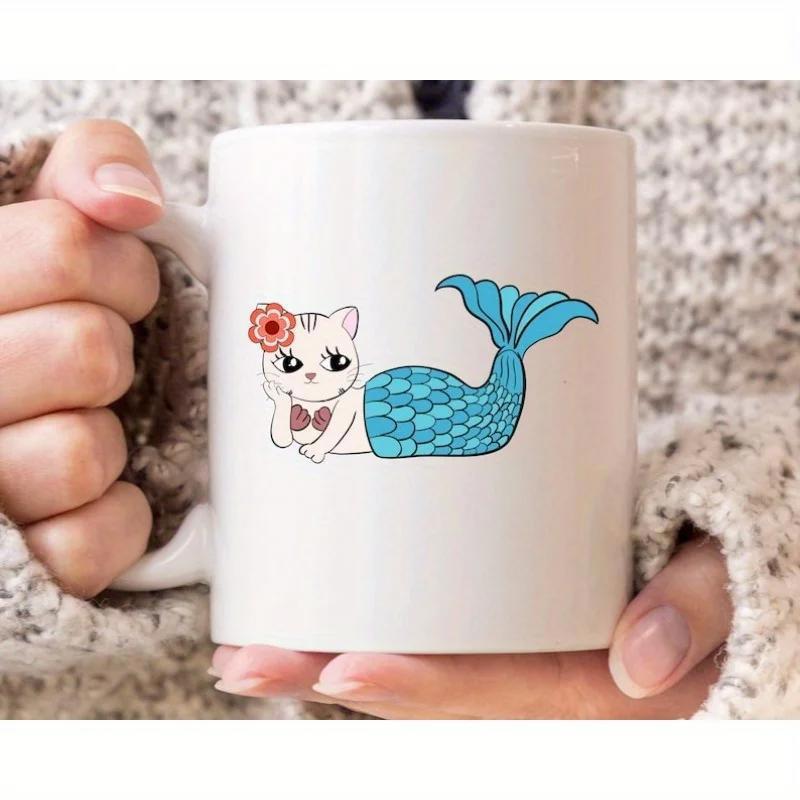 Tailorly White Ceramic 11 oz Mug - Cute Cartoon White Kitten With Blue Scaled Tail And Flower Mercat