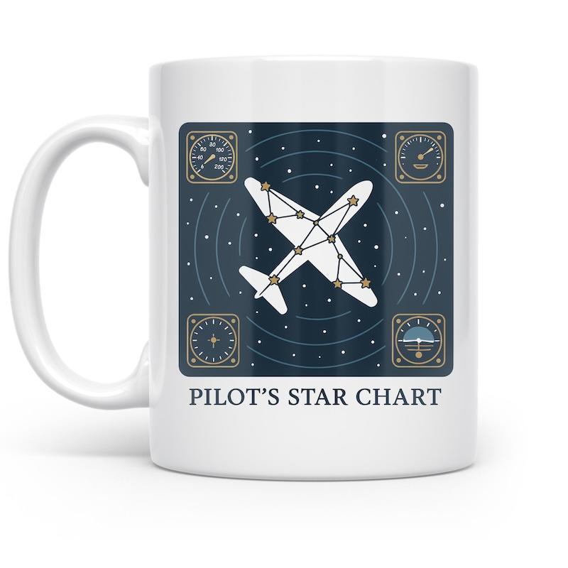 Tailorly White Ceramic 11 oz Mug - Pilots Star Chart Night Sky Constellation Elements Featuring Navigational Airplane