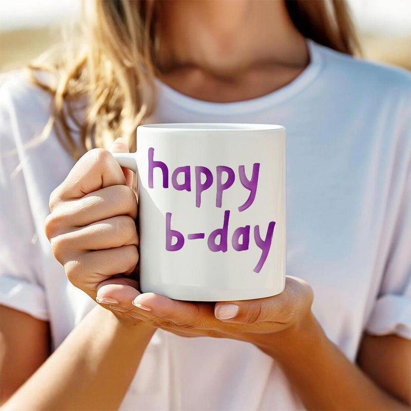 Tailorly White Ceramic 11 oz Mug - Happy B Day Simple Purple Handwritten Text On A Clean