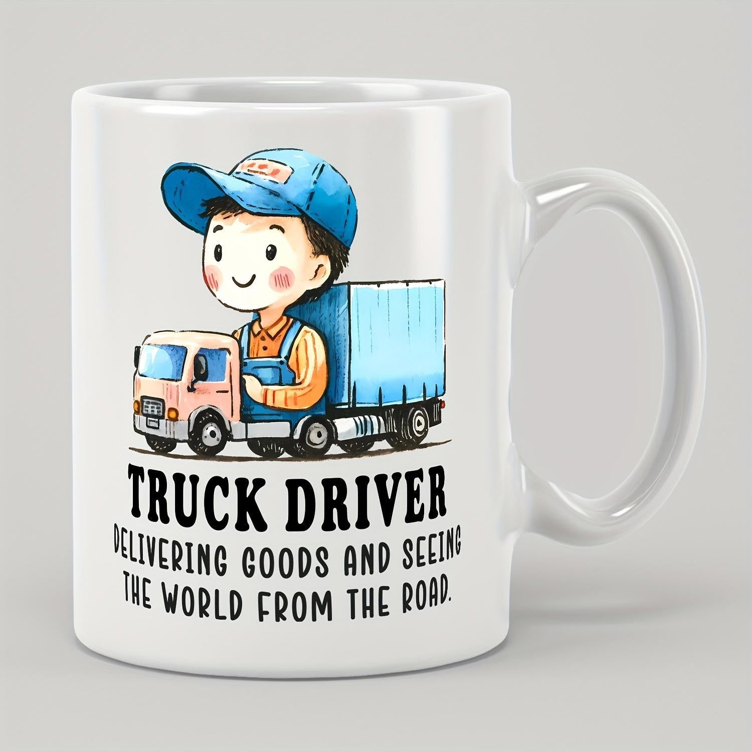 Tailorly White Ceramic 11 oz Mug - Truck Driver Delivering Goods And Seeing The World From The Road Adorable Cartoon Boy Wearing Blue Cap Driving Small Delivery