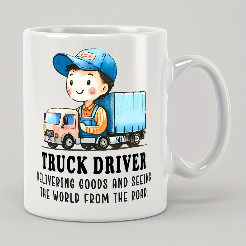 Tailorly White Ceramic 11 oz Mug - Truck Driver Delivering Goods And Seeing The World From The Road Adorable Cartoon Boy Wearing Blue Cap Driving Small Delivery