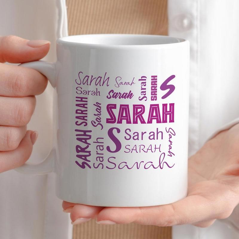 Tailorly White Ceramic 11 oz Mug - Sarah Purple Word Cloud Pattern Featuring Multiple Decorative Artistic Fonts Mug