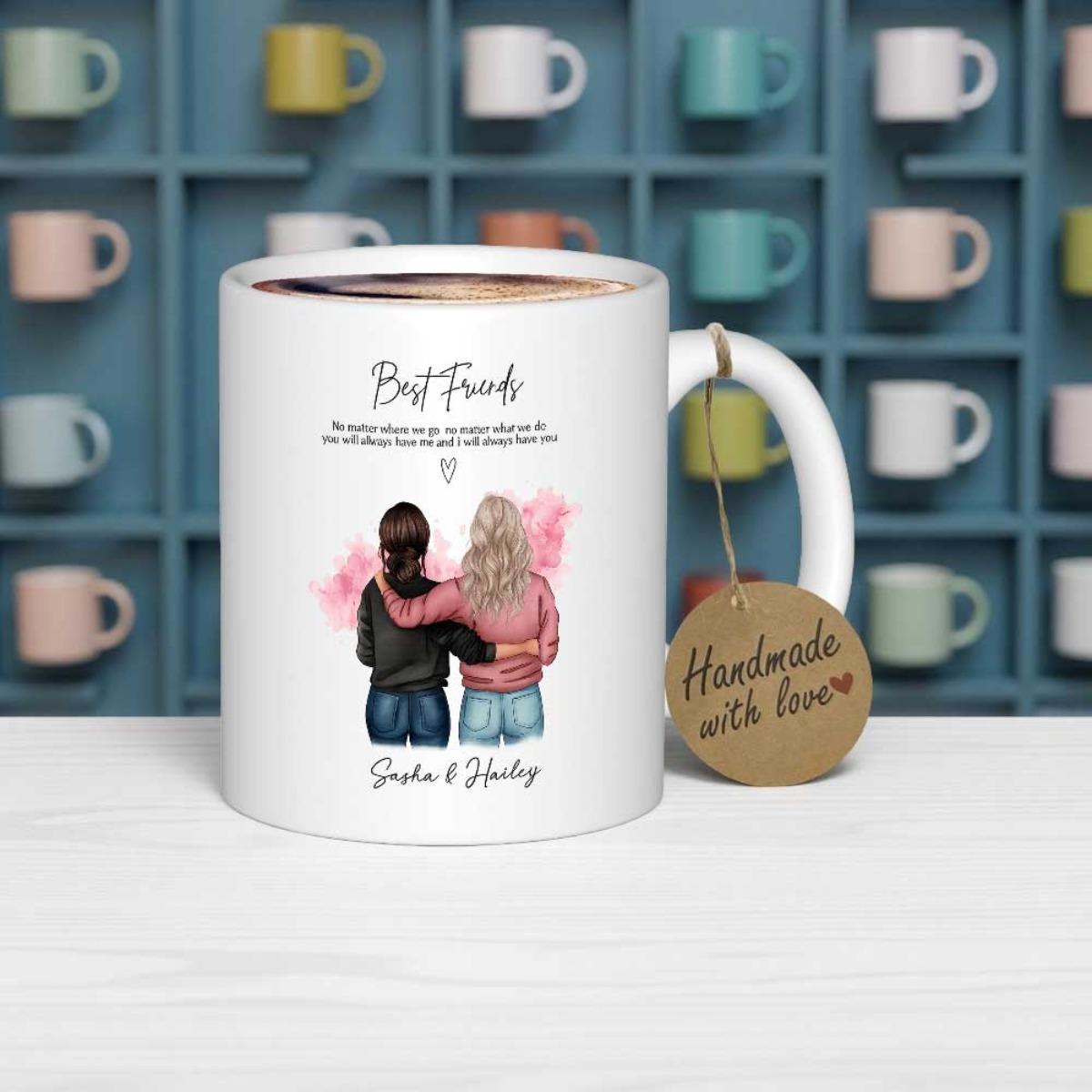 Tailorly White Ceramic 11 oz Mug - Best Friends Sarah Hailey Two Women Hugging With Pink Watercolor Background On Mug