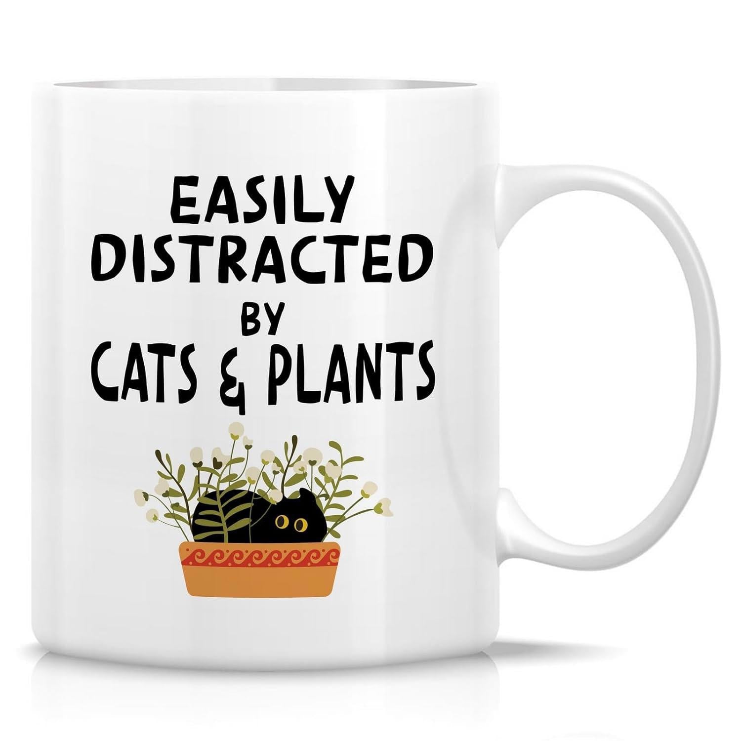 Tailorly White Ceramic 11 oz Mug - Easily Distracted By Cats Plants Cute Black Peeking Cat Inside A Leafy Floral Decorative Brown Planter