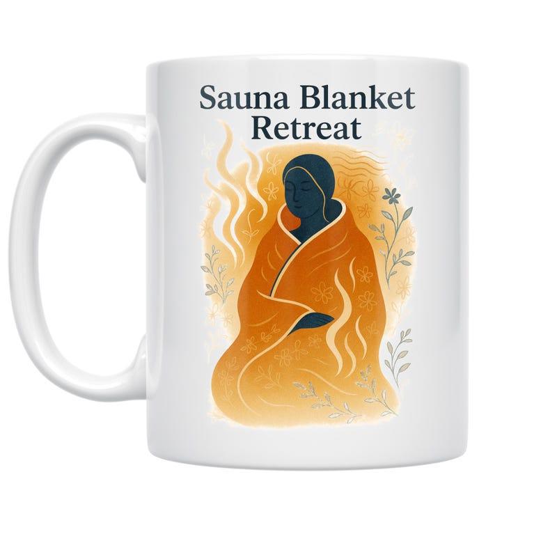 Tailorly White Ceramic 11 oz Mug - Sauna Blanket Retreat Stylized Figure Wrapped In Warm Orange Steam Within A Peaceful Floral Setting Person
