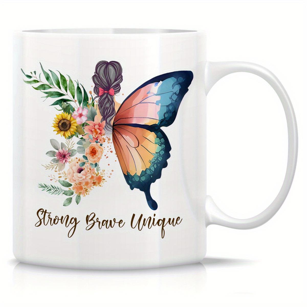 Tailorly White Ceramic 11 oz Mug - Strong Brave Unique Artistic Watercolor Butterfly Wing Integrated With Vibrant Blooming Flowers Girl